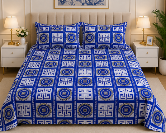Royal Greek – Blue & White Printed Bedsheet Set