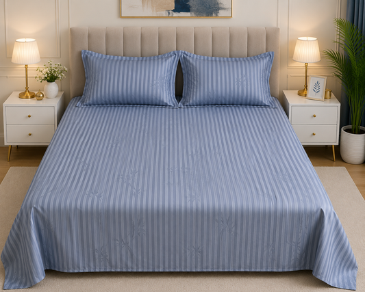 Serene Stripes – Blue Printed Bedsheet Set