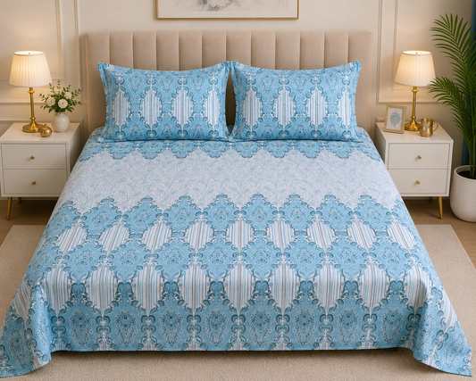 Aqua Heritage – Blue Printed Bedsheet Set