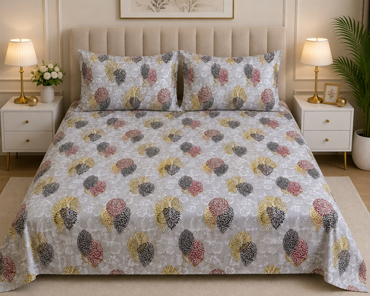 Autumn Leaf Elegance – Grey Printed Bedsheet Set