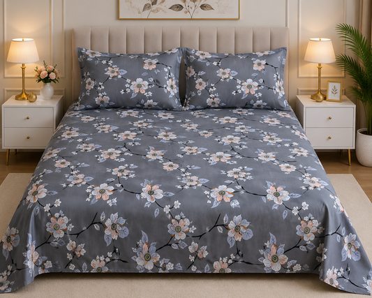 Elegant Peach Blossom – Grey Printed Bedsheet Set
