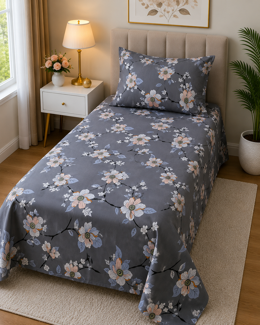 Elegant Peach Blossom – Grey Printed Bedsheet Set