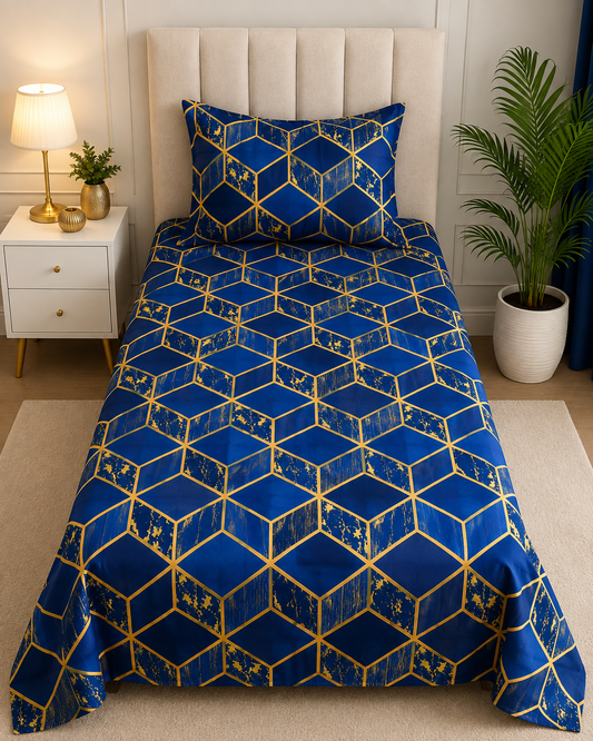 Royal Geometric – Blue &amp; Gold Printed Bedsheet Set
