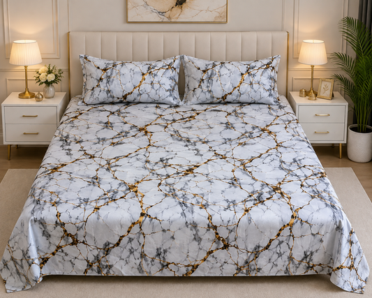 Marble Luxe – Grey & Gold Printed Bedsheet Set