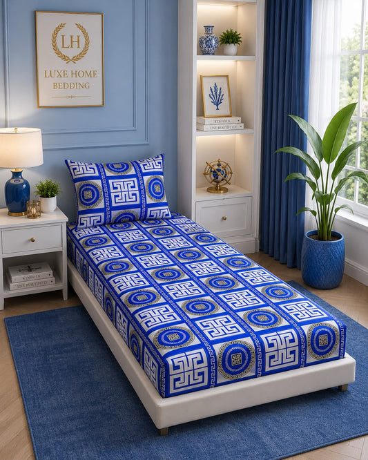 Royal Greek – Blue & White Printed Bedsheet Set
