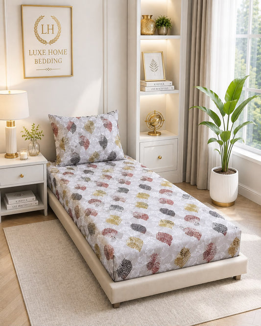 Autumn Leaf Elegance – Grey Printed Bedsheet Set