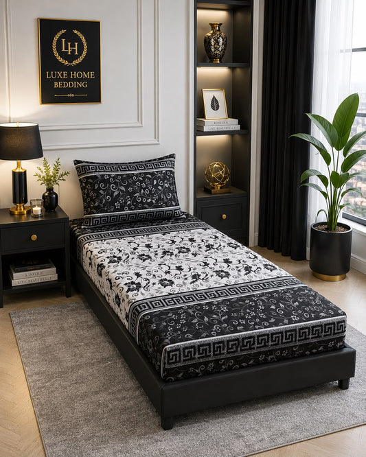 Noir Heritage – Black &amp; White Printed Bedsheet Set