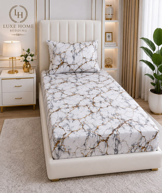 Marble Luxe – Grey & Gold Printed Bedsheet Set