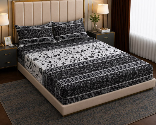 Noir Heritage – Black &amp; White Printed Bedsheet Set