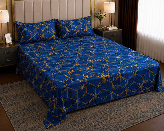 Royal Geometric – Blue &amp; Gold Printed Bedsheet Set